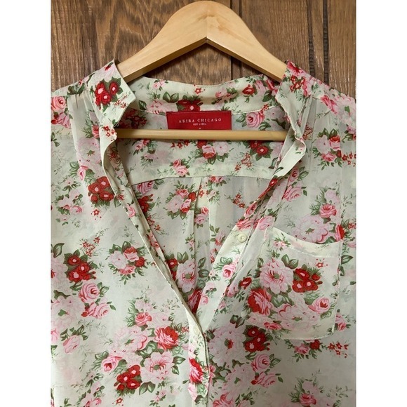Akira Chicago Red Label Floral Sheer Popover Blouse with Roll Sleeves - Picture 2 of 10